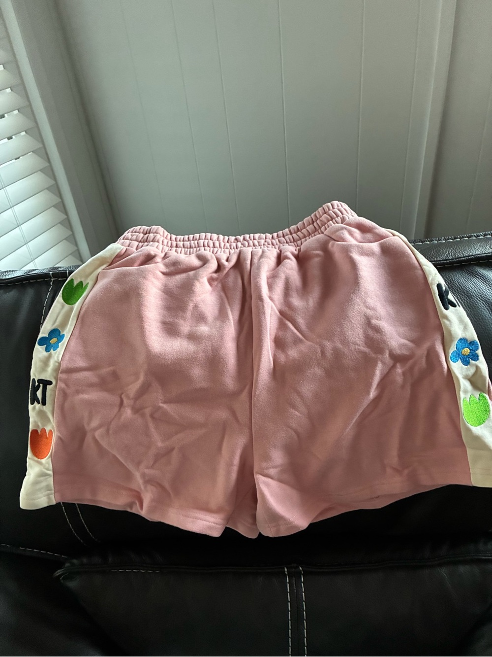 Women's Pink Elastic Waist Athletic Shorts with Floral Side Detail Kina and Tam